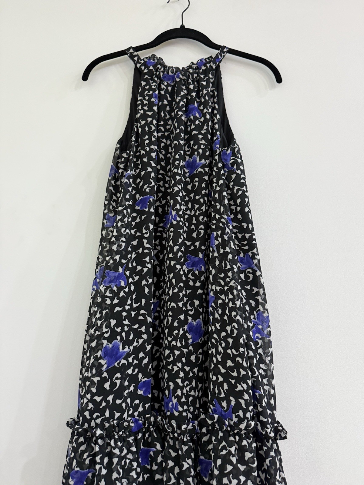 BCBG Generation Black Blue Floral Chiffon Ruffle Sleeveless Dress Size XS
