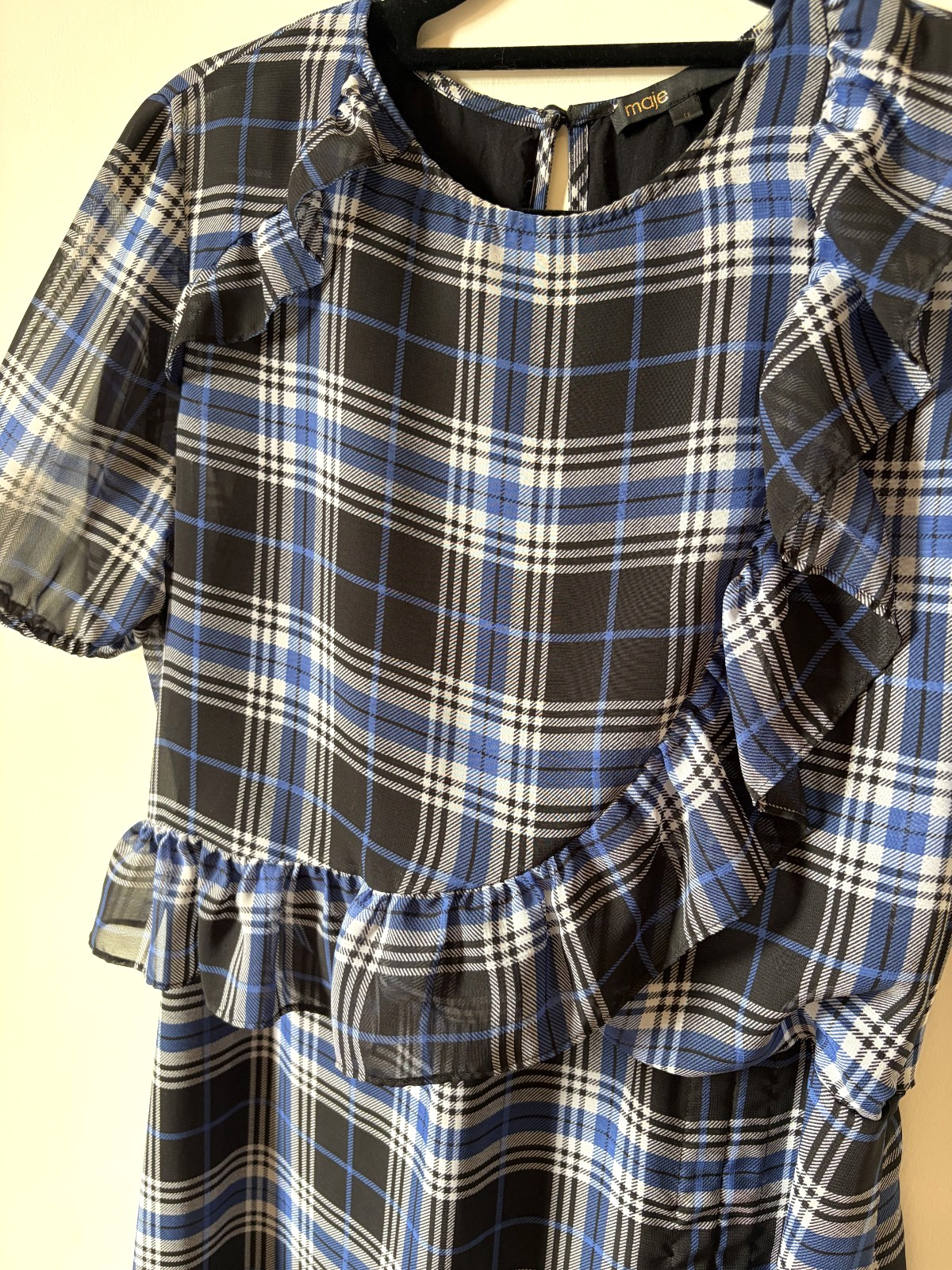 Maje Side-Ruched Plaid Tartan Blue and Navy Long Dress Ruffle UK size 10
