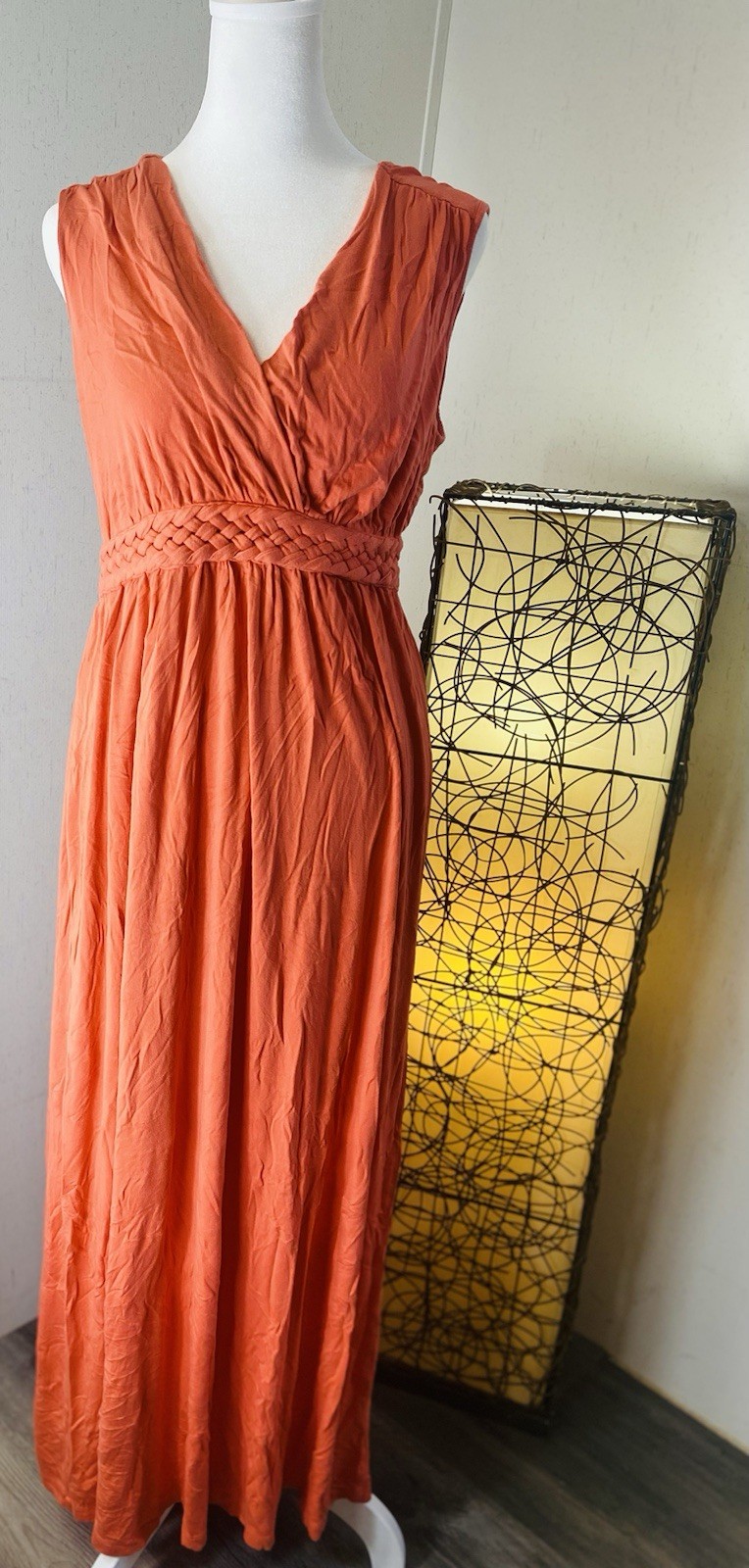 Spense Women’s L coral Solid Knit V-Neck Sleeveless Maxi Dress Braided Stretch