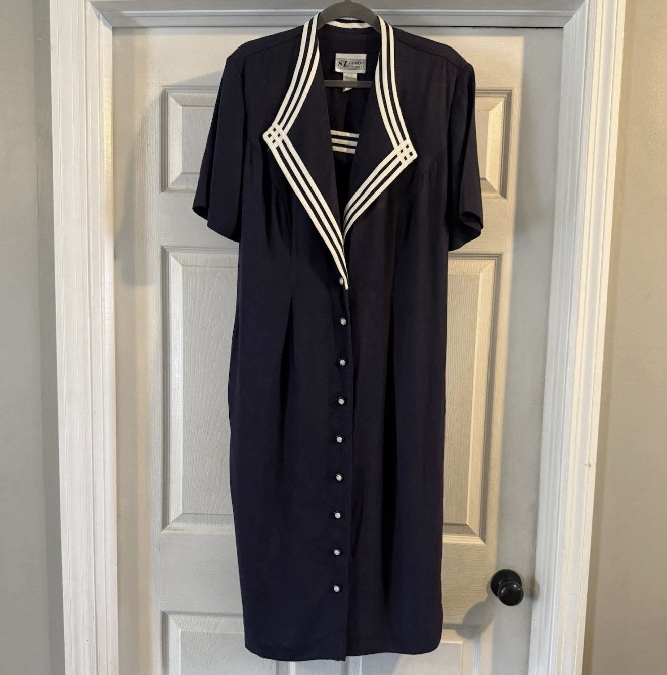 Vintage 80s S.L. Fashions Navy Blue Button-Down Sailor Nautical Dress SZ 16 M