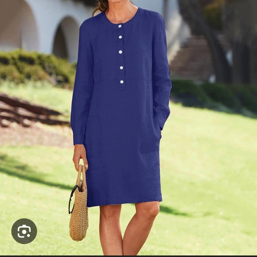 Navy Blue Henley Shift Dress Long Sleeve Cotton Blend Pockets XXL