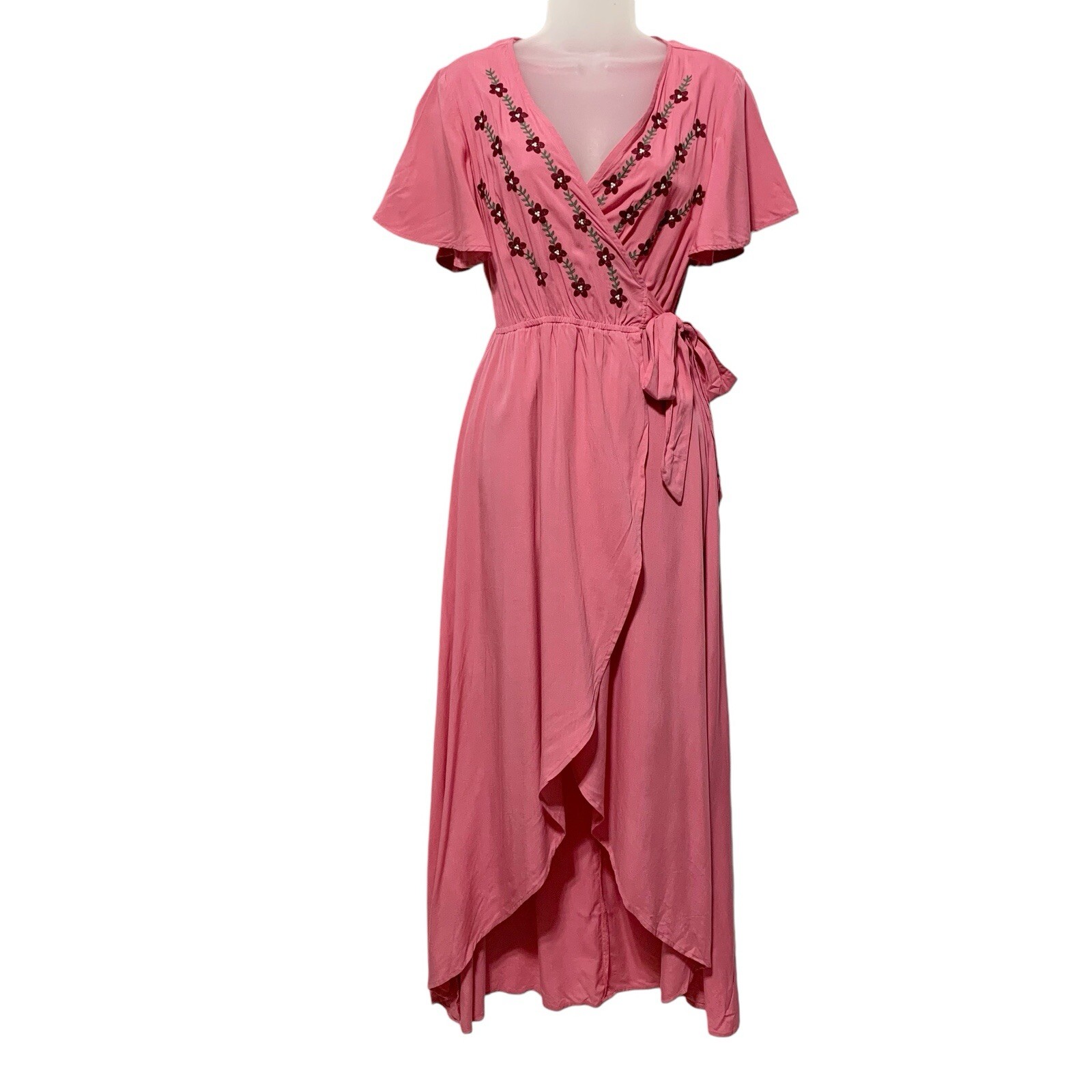 NWT Stevie Hender Pink Embroidered Wrap Maxi Dress Women’s M Boho Flutter Sleeve