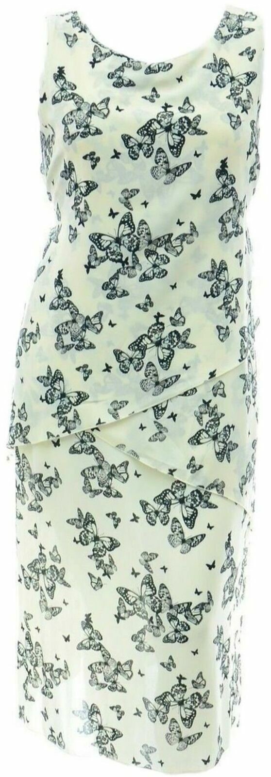 Ladies Cream Black Butterfly Print Pencil Dress Tier Layered Chiffon Georgette