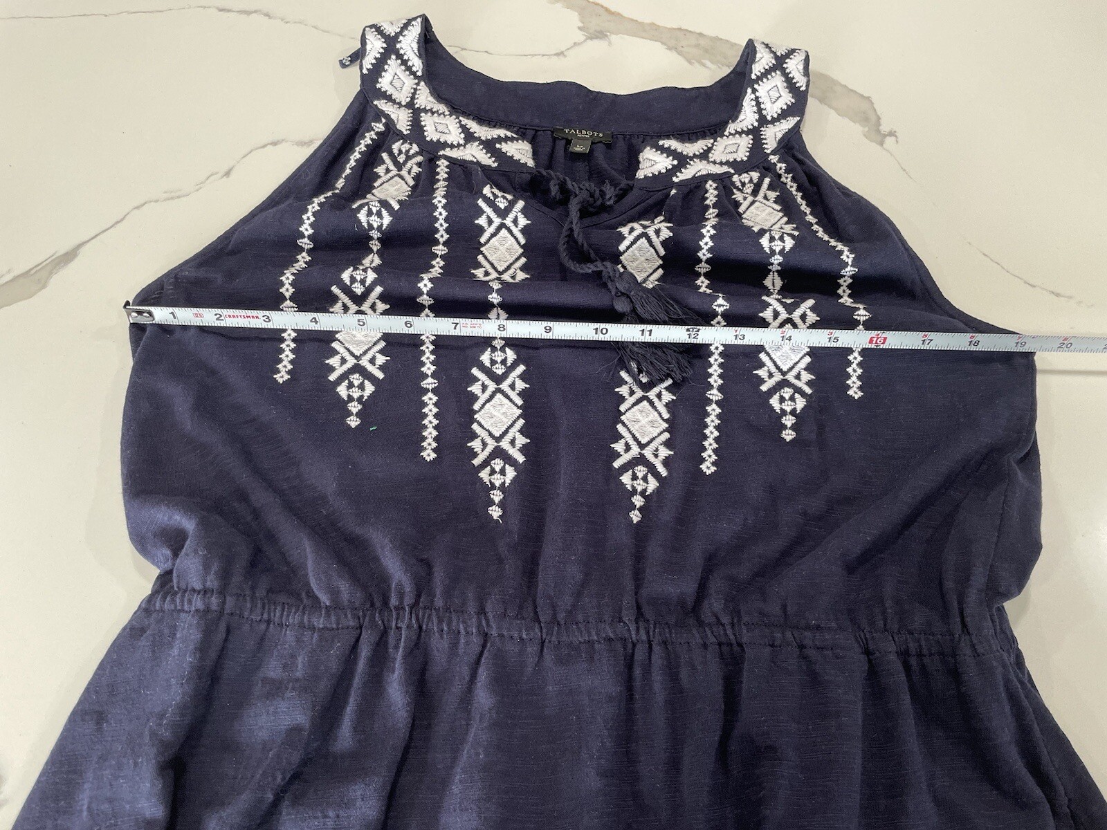 Talbots Sz LP Navy White Embroidered Peasant Dress AK105