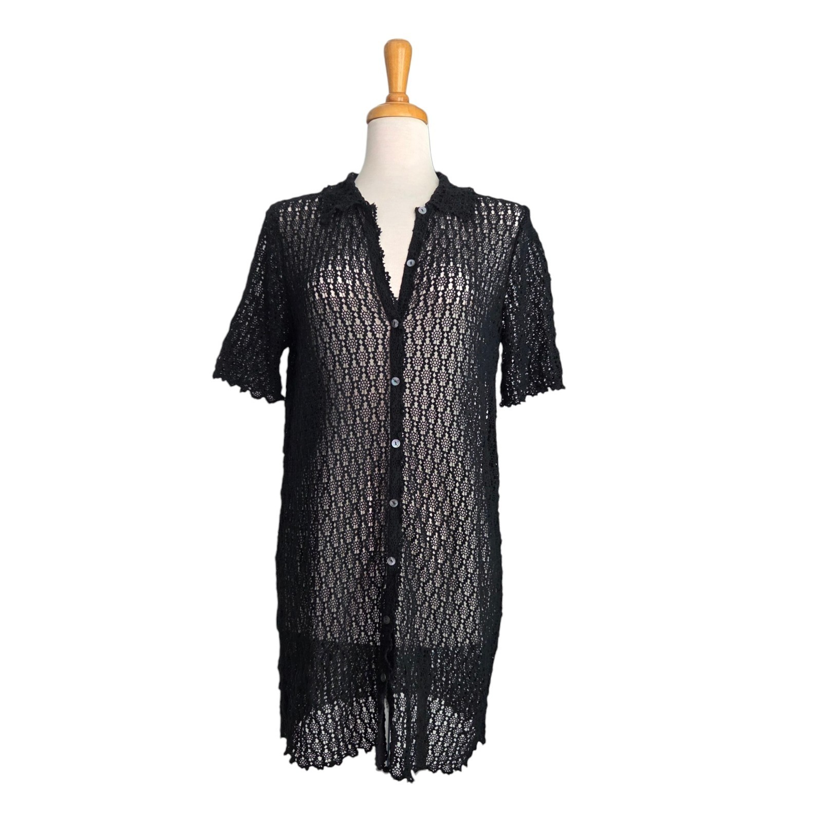 Rebecca Taylor Pina Embroidered Crochet Mini Shirt Dress Women’s Size L Black
