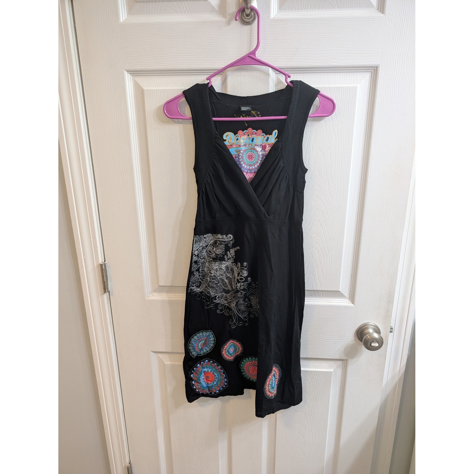 Desigual Black Knit V Neck Ruched Embellished Dress – Size M