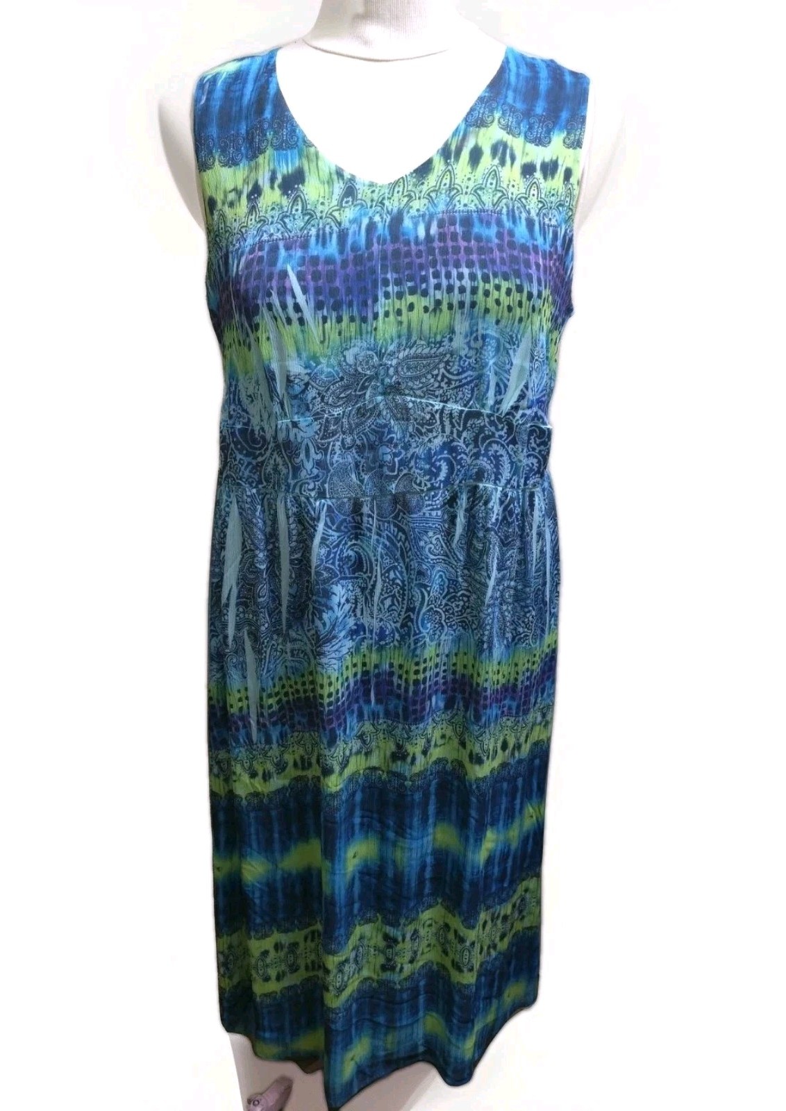 MAGGIE BARNES 18W Blue Green Paisley Batik Stripe Sleeveless Dress