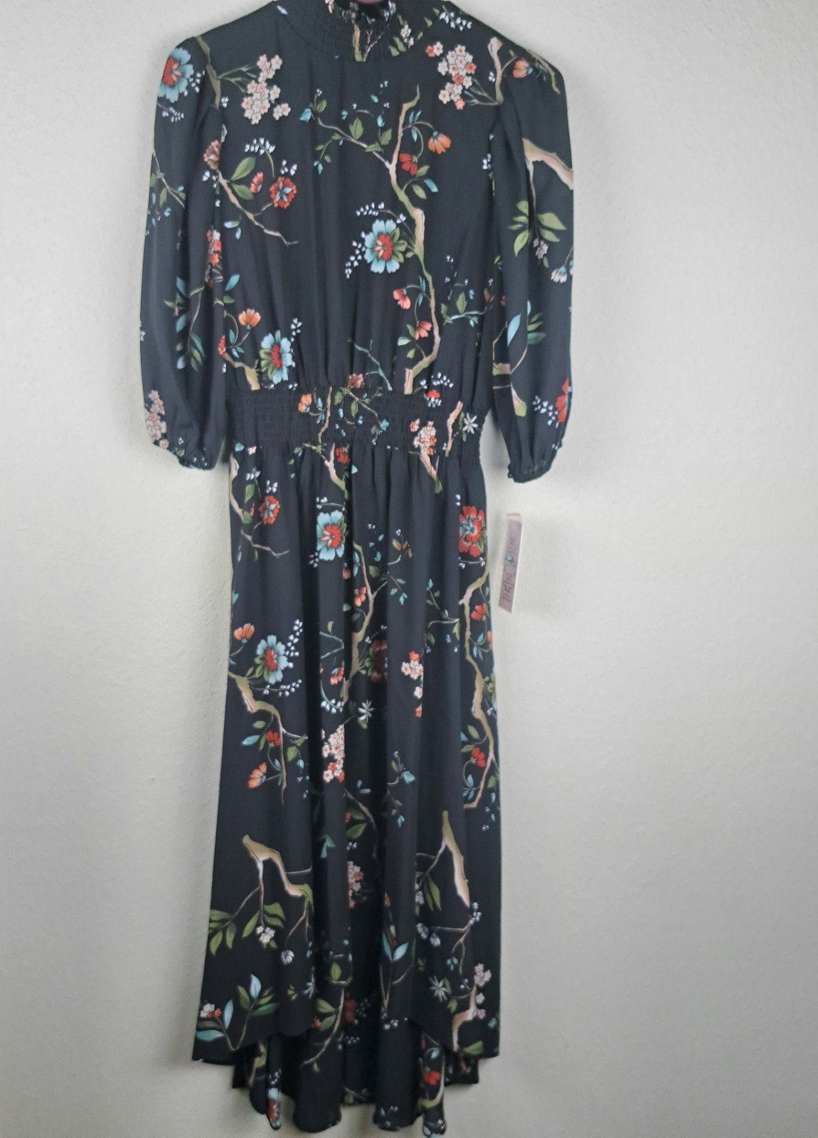 NWT Nanette Lepore Smocked Dress size 2 High Low Black Floral Mock Neck