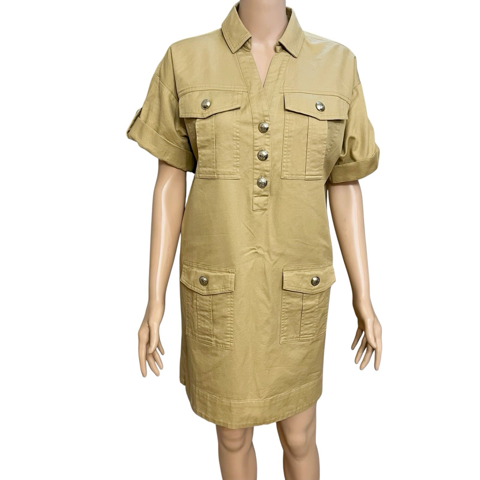 Loft Twill Patch Pocket Mini Dress XS Tan Shift Safari Preppy Military Button