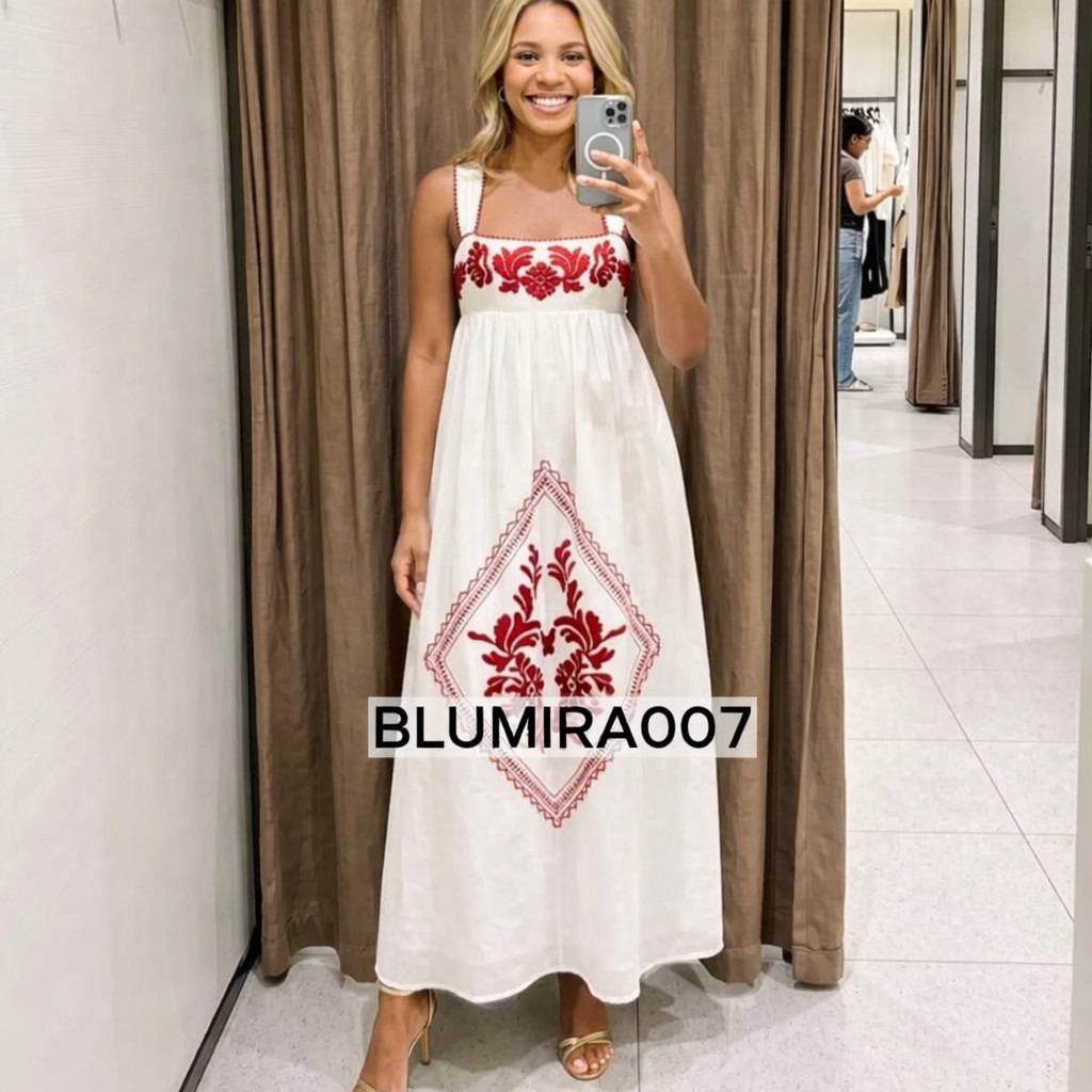 Zara Ecru Red Cotton Embroidered Textured Midi Dress Women BNWT 1821/051