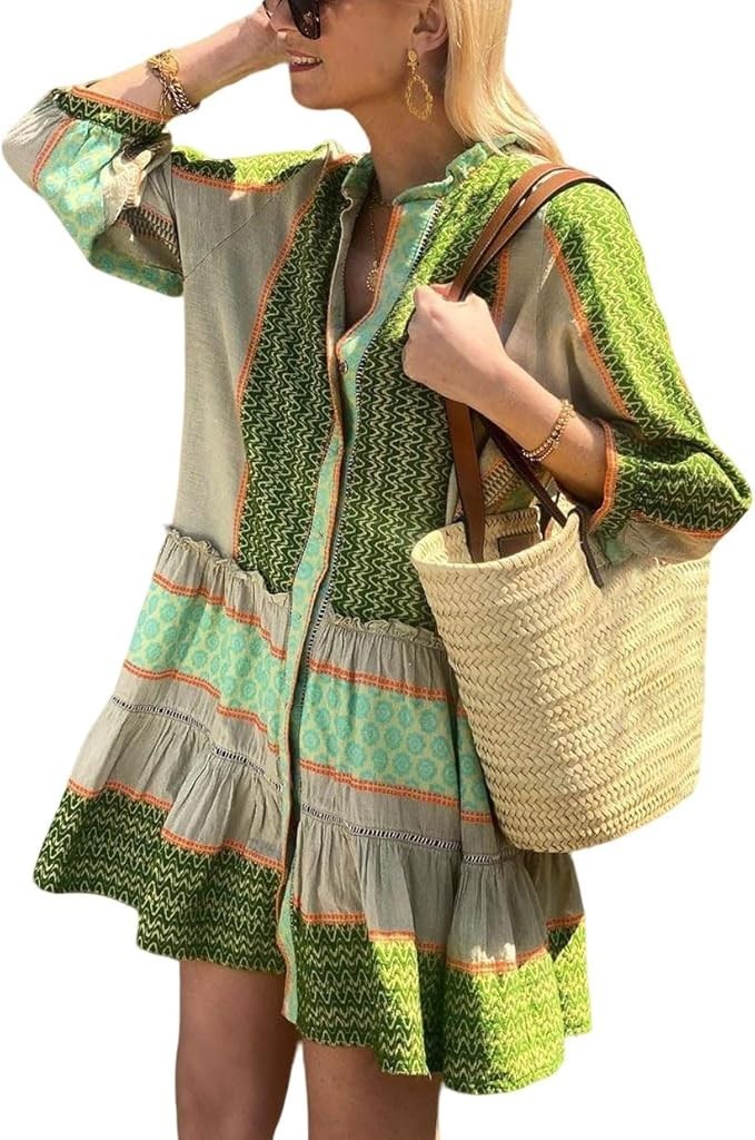 Women 3/4 Sleeve Green Floral Boho Tunic Shirt Dress Summer Casual Short Dress
