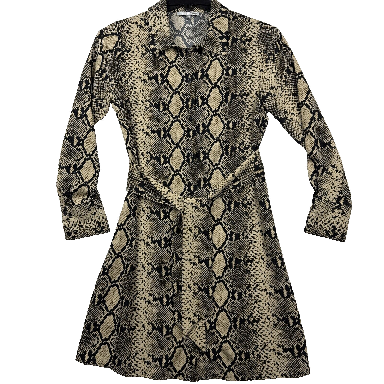 WD.NY Women Shirt Dress Size M Black Snake Button Belt Long Sleeves Classic City