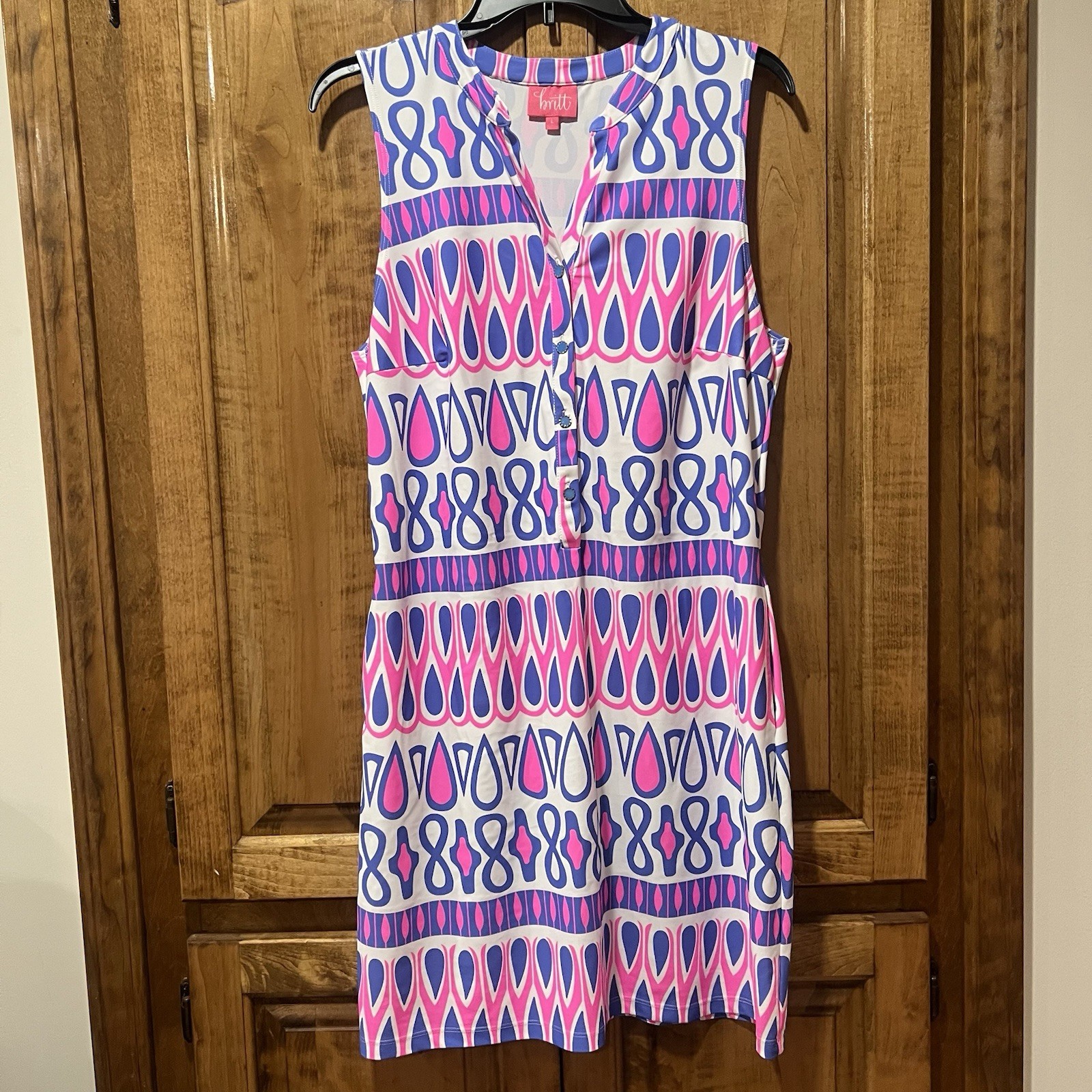 Britt By Britt Ryan Dress Sleeveless V Neck Stretch Sheath Blue Pink Large