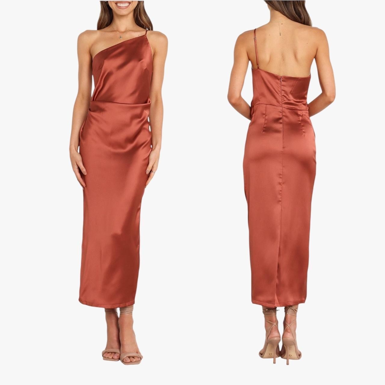 Petal & Pup Luella One Shoulder Ruched Satin Slip Midi Dress in Rust Sz 8 Party