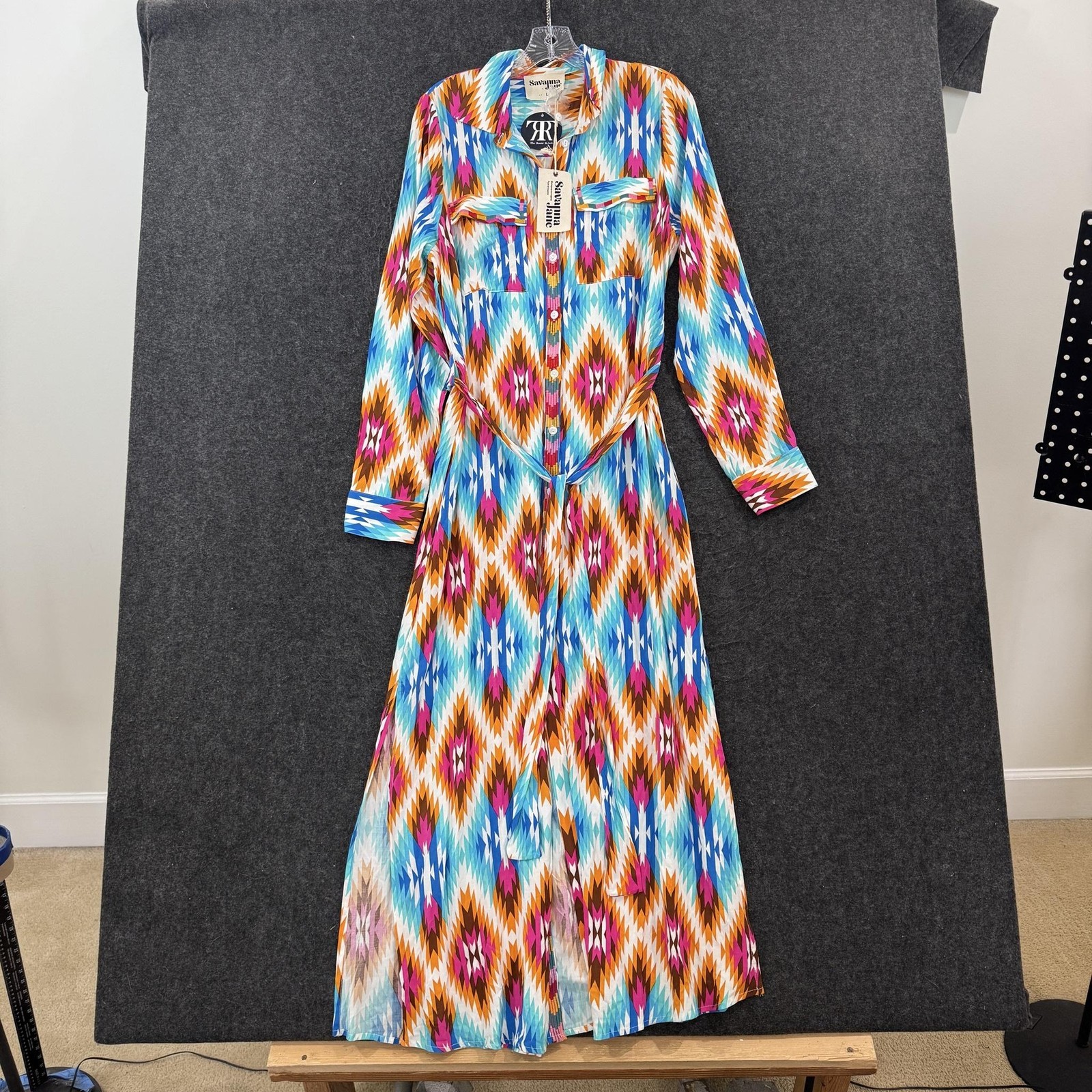 Savanna Jane Dress Women’s Large Multicolor Geometric Belted Shirt Maxi Boho
