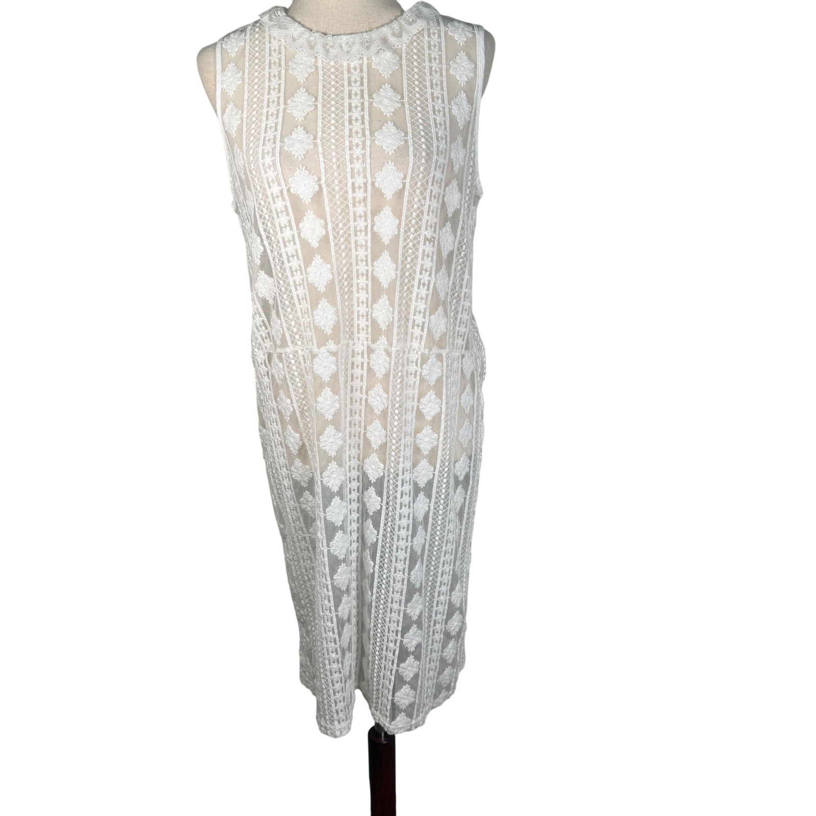 POL Lace Dress Womens L White Cotton Blend Boho Cottagecore Sheer Embroidered