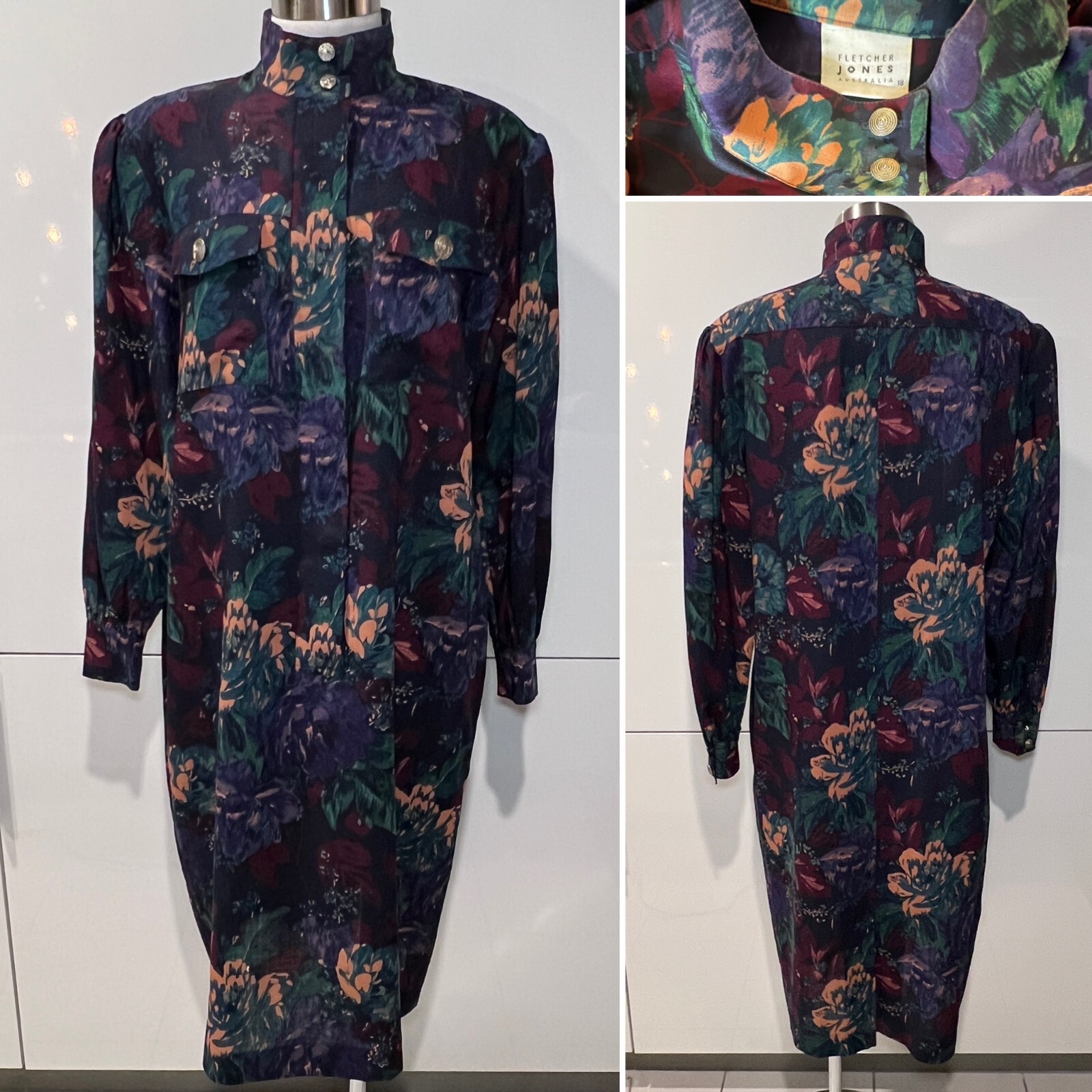 Fletcher Jones & Liberty London Navy Floral Fine Wool Shirt Dress 18AUST-UK/14US
