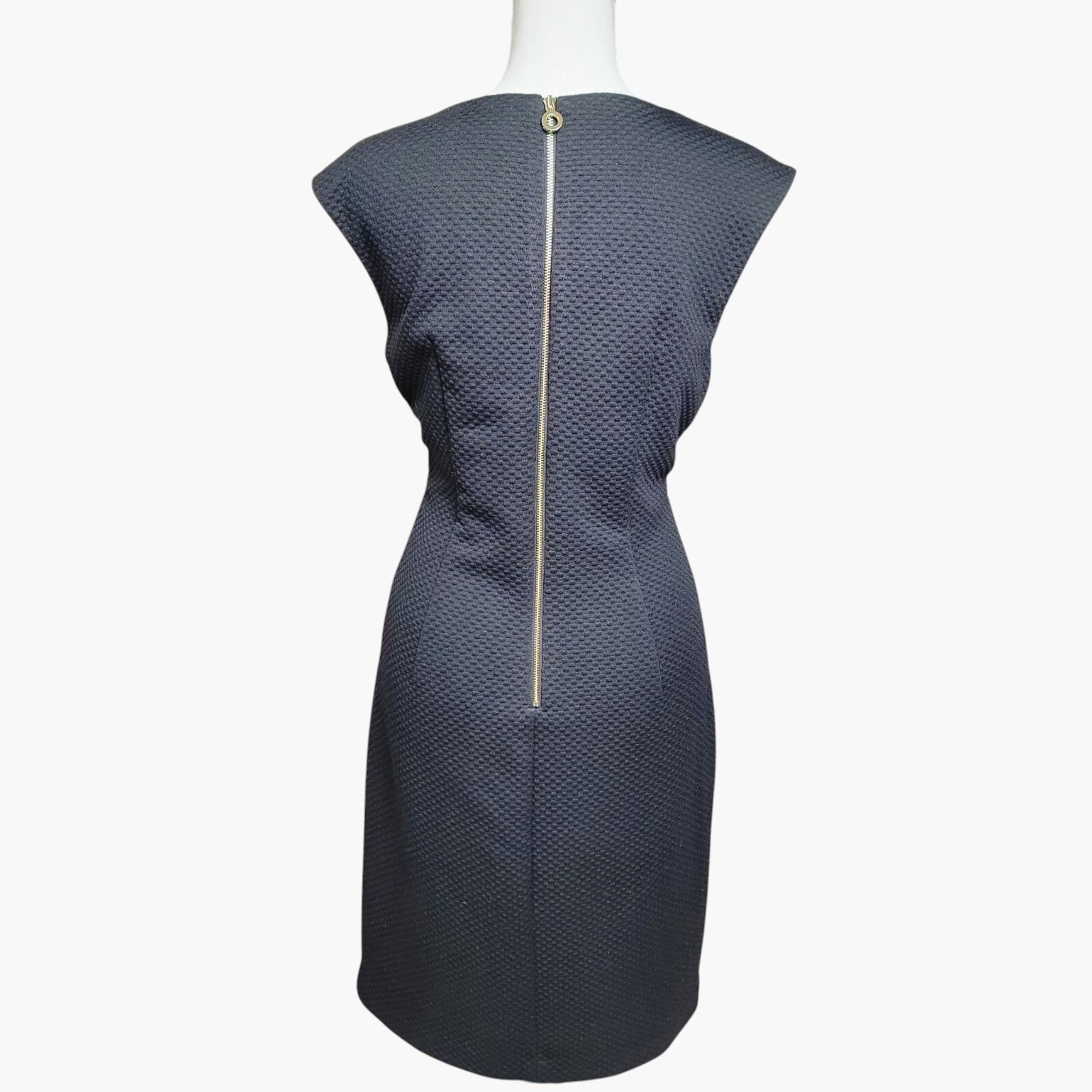 Calvin Klein Black Sheath Dress with Textured Fabric and Gold Zipper Accents