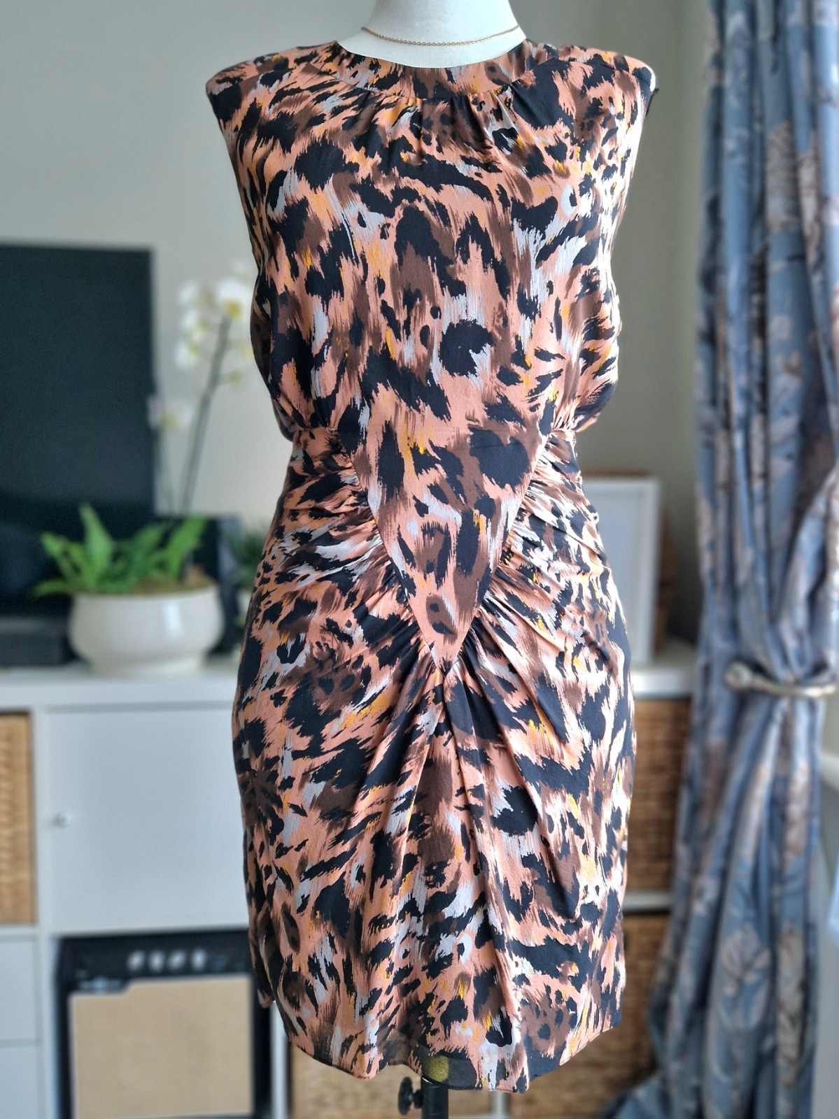 Whistles Silk Dress UK 8 Abstract Animal Print Ruched Waist Structured Fit