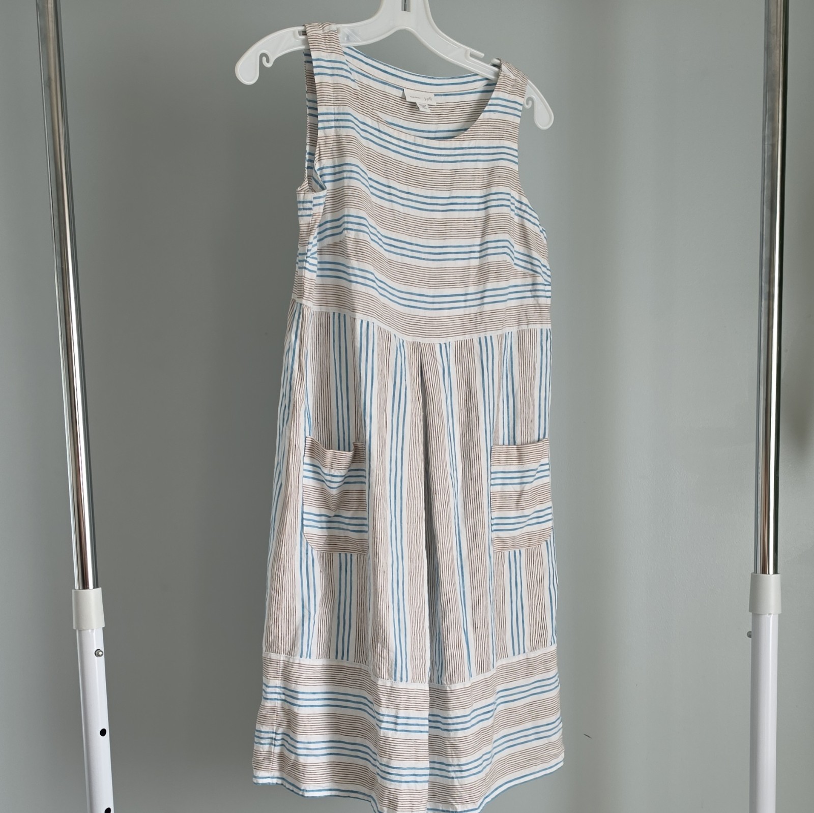 J. Jill Love Linen XS Petite Striped Shift Dress Sleeveless Pockets Round Neck