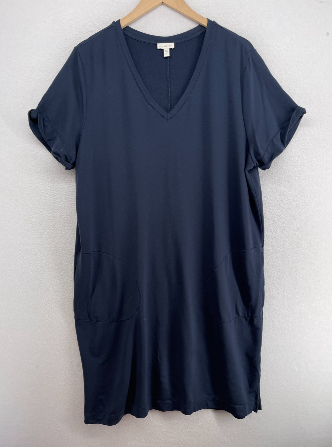 GARNET HILL Dress XL Stretch Tencel Jersey Shift Tunic V-Neck Cuff Sleeve Blue