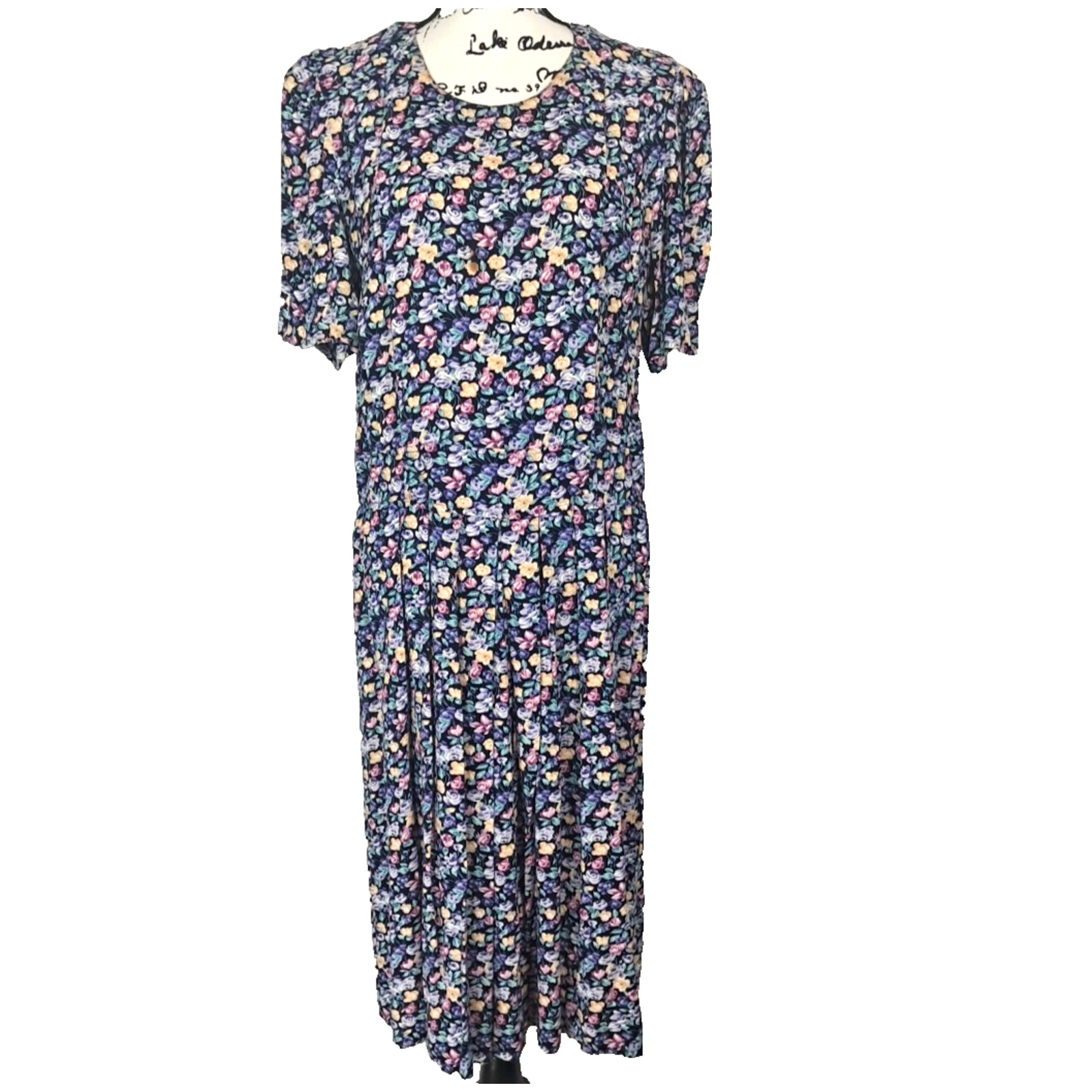 Vtg Karin Stevens Ditsy Floral Pleated Button Smocked Waist Dress Sz 16 Blue