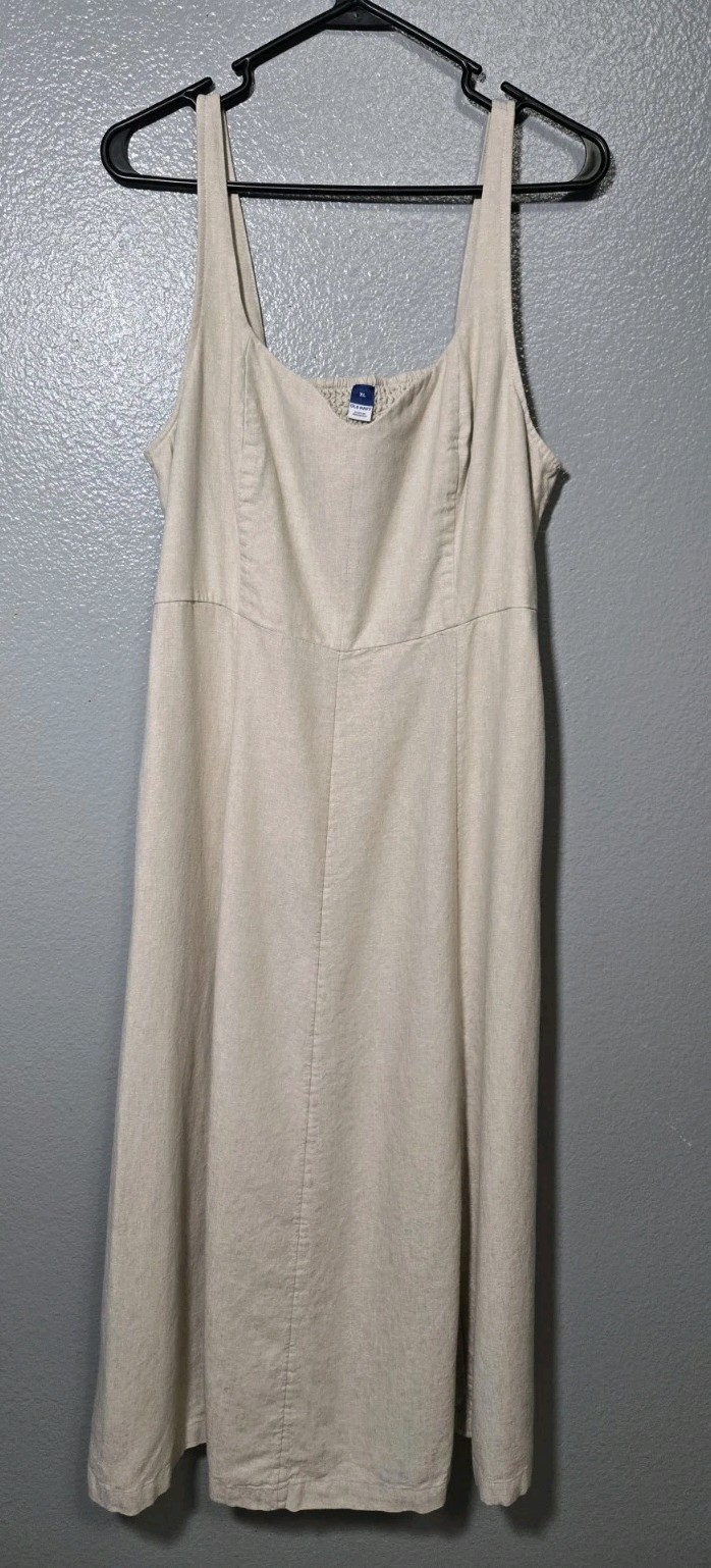Oatmeal Linen Blend Midi Sundress Beach Minimalist Capsule Dress XL