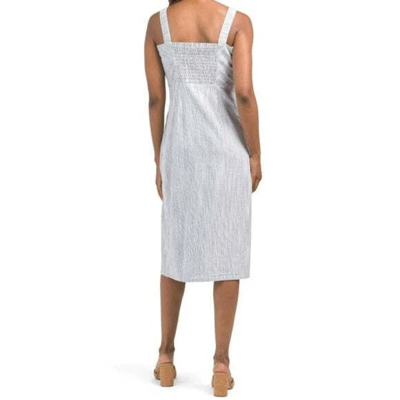 Tahari FAB! Linen Blend Strappy Button Closure Stretch Striped Midi Dress Sz 4