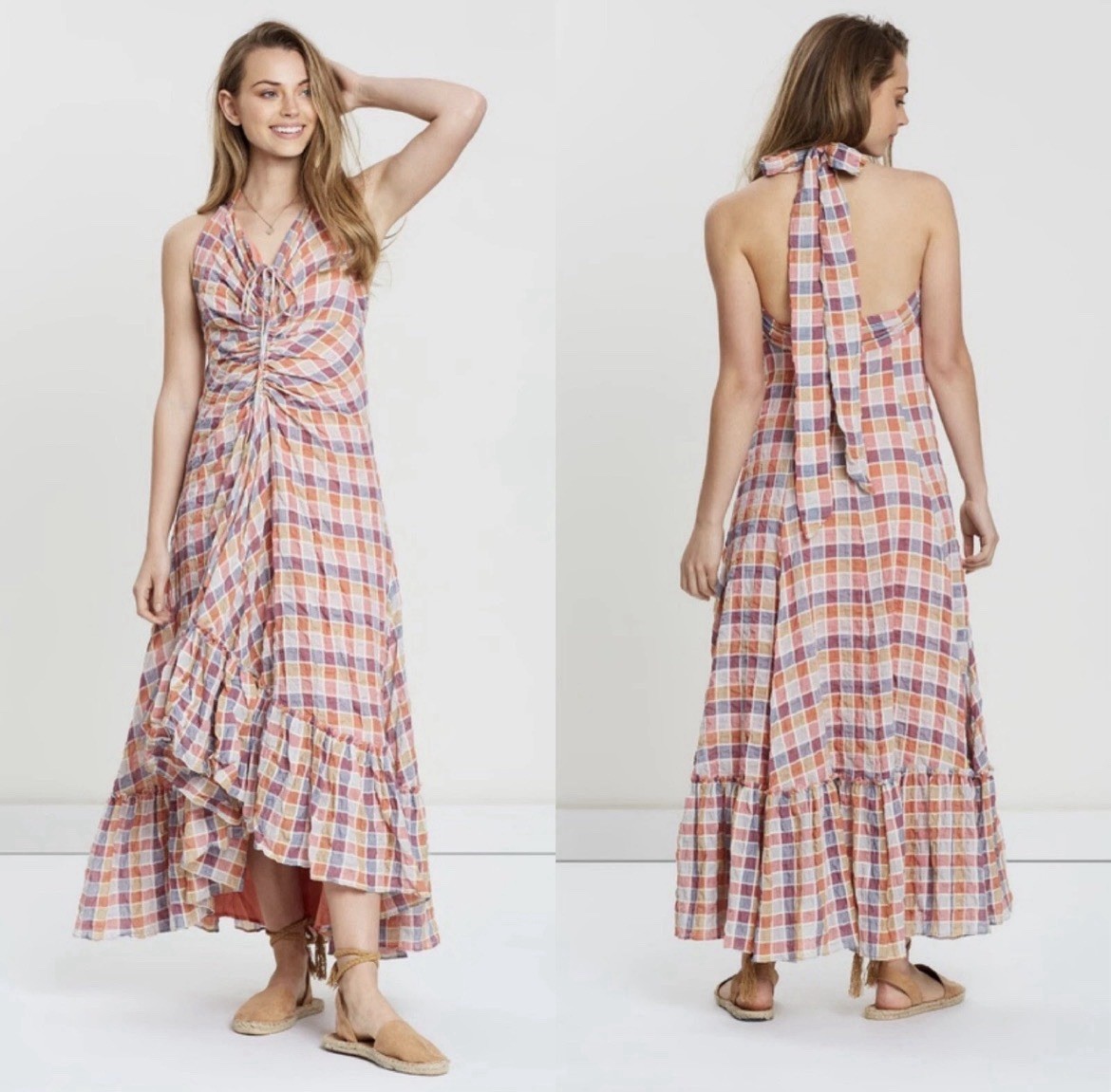 Free People Rainbow Dreams Halter Maxi Dress Pink Combo Plaid Size 12 Boho