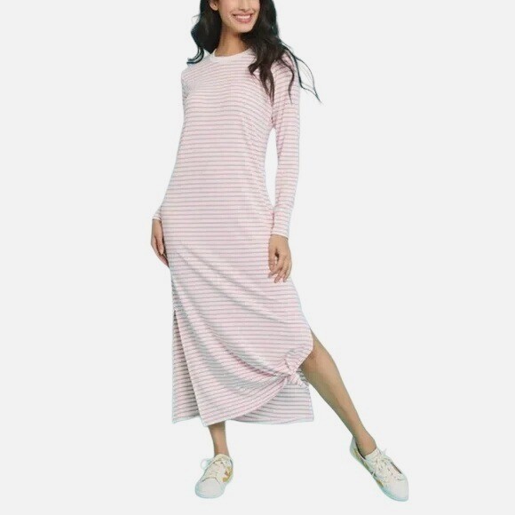Mod Ref Womens Jaya Dress XS Long Sleeve Maxi Side Slit Knit Pink Stripe T-Shirt