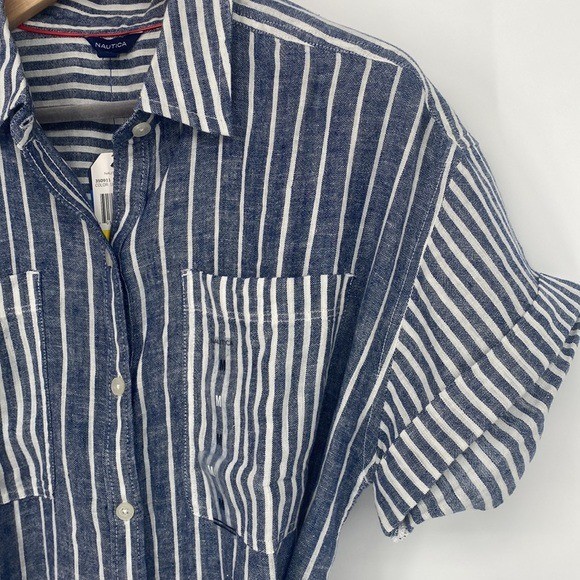 Nautica | Blue & Bright White Stripe Linen-Blend Belted Shirt Dress Medium NWT