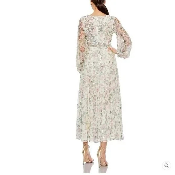 Mac Duggal Ivory Embellished Floral Print Faux Wrap A Line Dress Size 4 $498