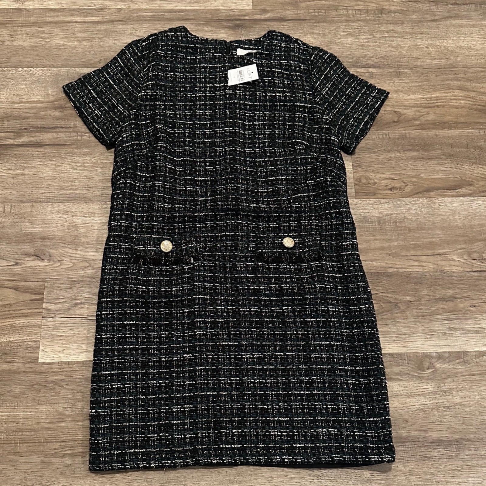 NWT LOFT Black White Tweed Shift Dress Gold Button Short Sleeve Metallic Size 4