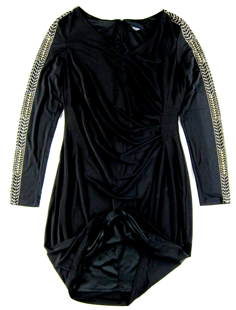 GUESS Black Stretch Ruche Silver Studded Beaded VNeck Long Sleeve Sheath Dress L