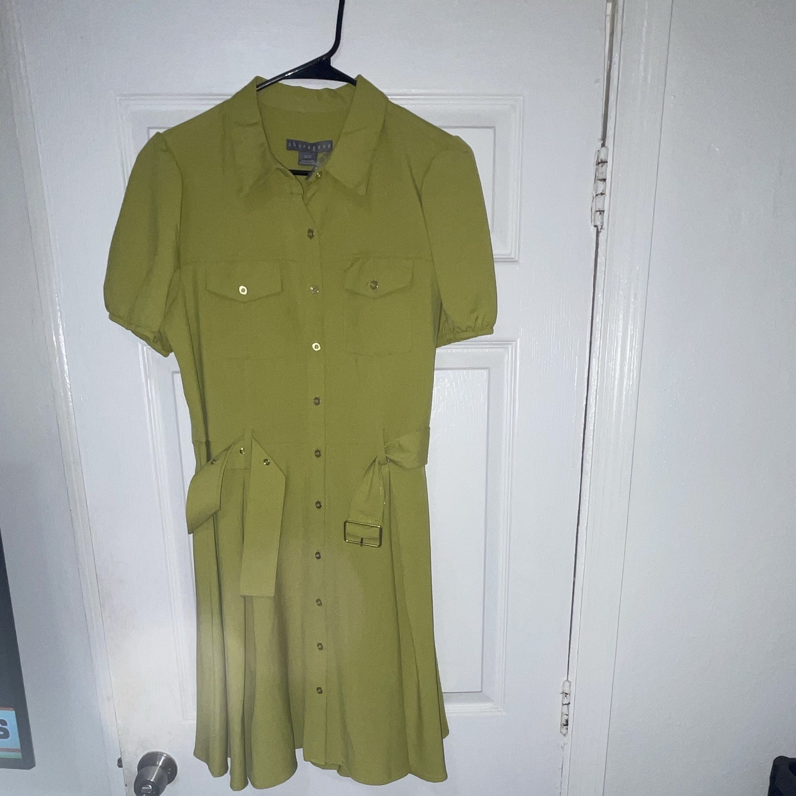 Theory 38 Green Solid Silk Shirt Dress Collared Short Puff Sleeve Belted 0