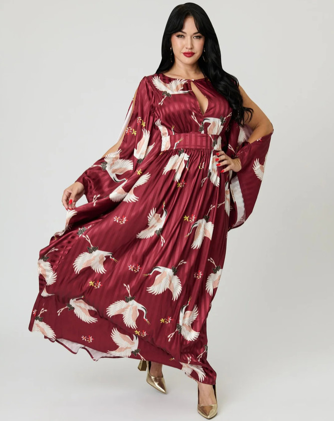 NWT Unique Vintage Burgundy Crane Flutter Sleeve Maxi Caftan Gown XS