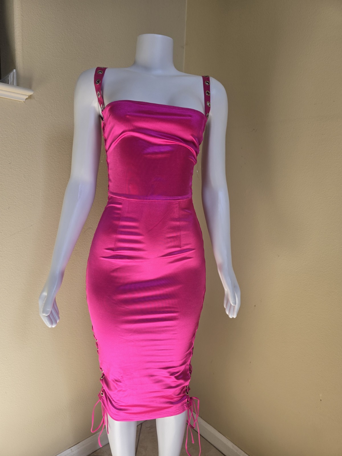 Women’s Pink Satin Strappy Bodycon Midi Dress Grommet Lace-Up Side Zip L