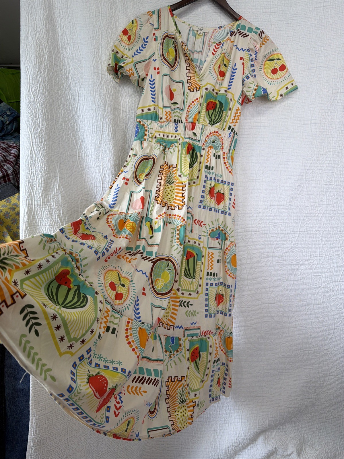 Easel Fruit Print Cotton Tiered Midi Dress Small Short Sleeve Garden Cottagecore
