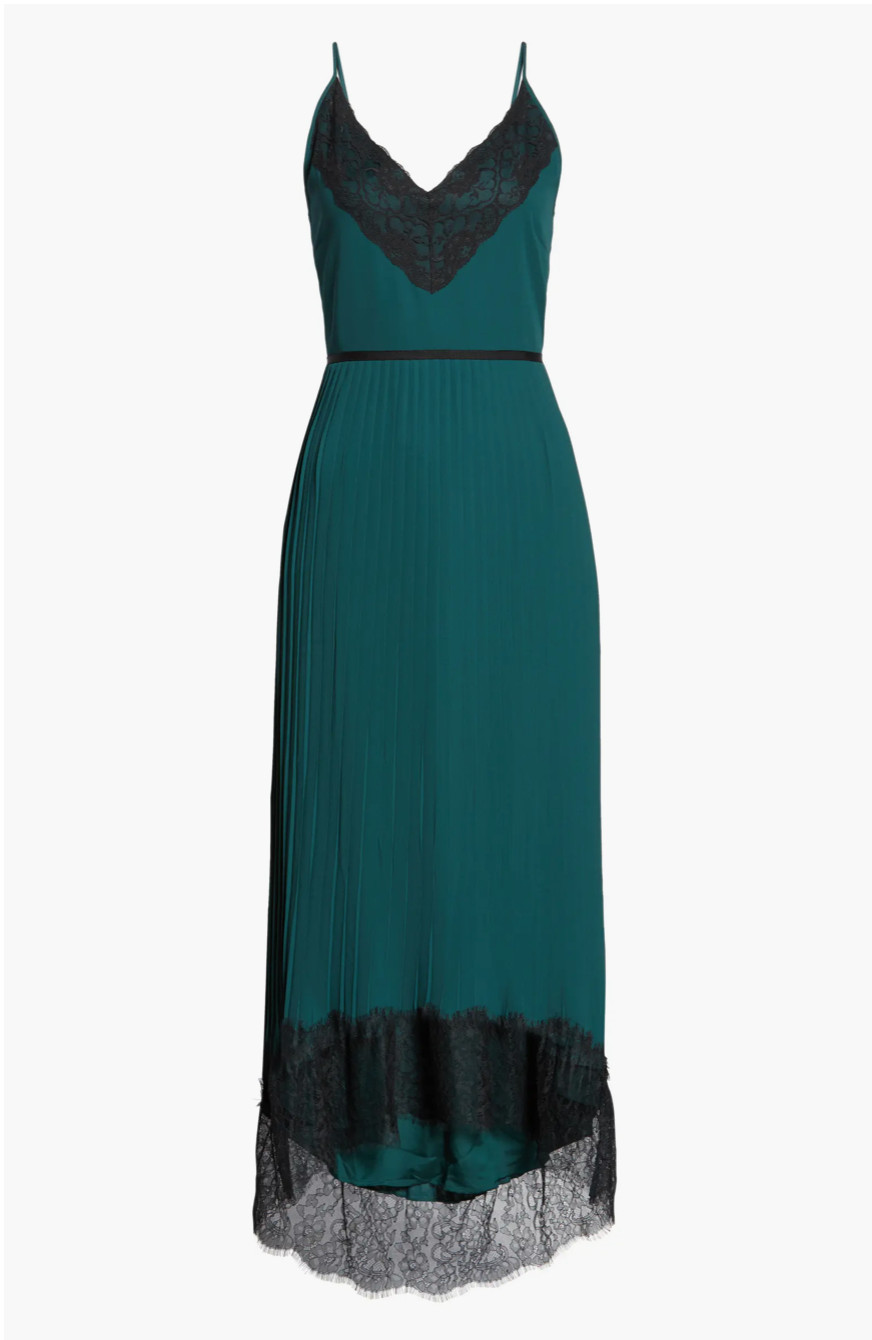 J.Crew Collection Spaghetti Strap Pleated Midi Dress Green Black Lace 2 NEW $198