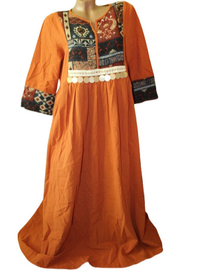 SHEIN Boho Maxi Dress Orange Ethnic Tribal Print Long Sleeve Embroidered L 14