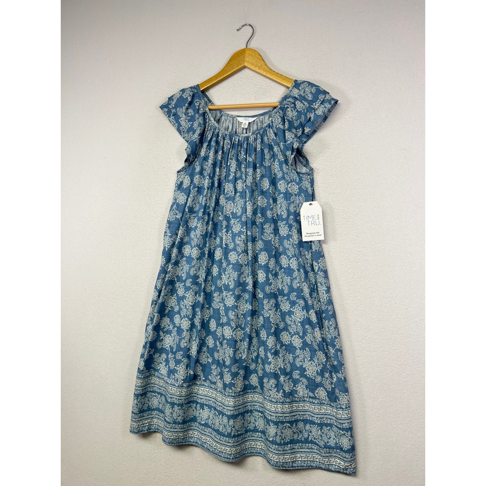 Boho Cottagecore Time and Tru Women XS Blue Floral Cap Sleeve Pocket Shift Dress