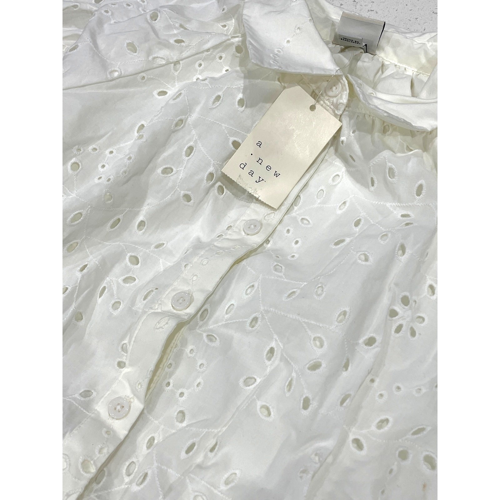 Eyelet Balloon Short Sleeve Mini Shirt Dress Sz Small NWT White A New Day