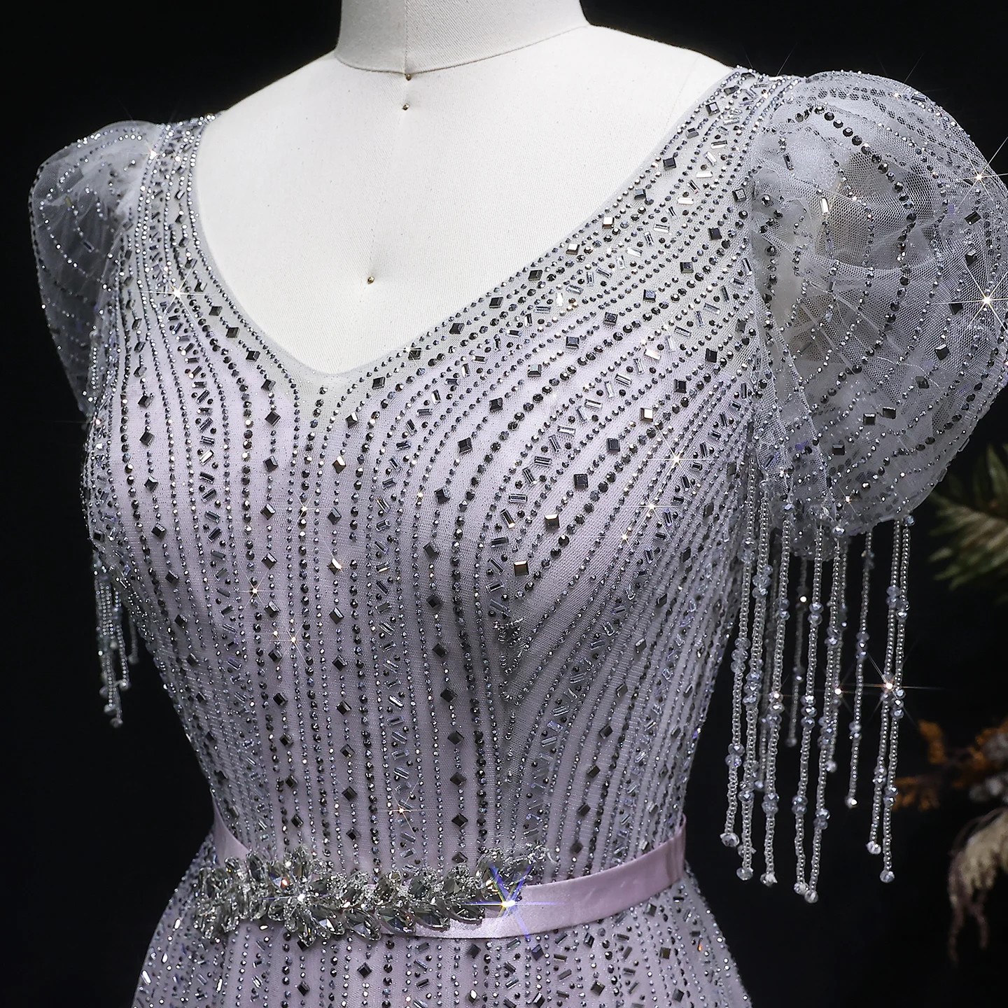 Luxury Beaded Evening Dress with Bubble Sleeves A-line Dubai Prom Lace Ball Gown