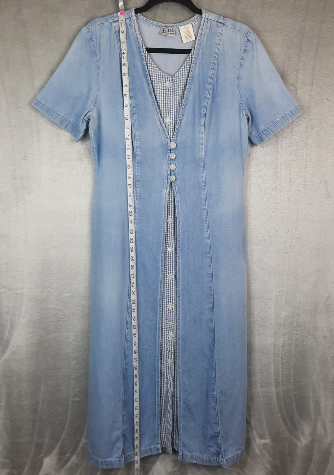 VTG 90s Button Front Denim Gingham Dress Womens 12 Cottagecore Prairie Western