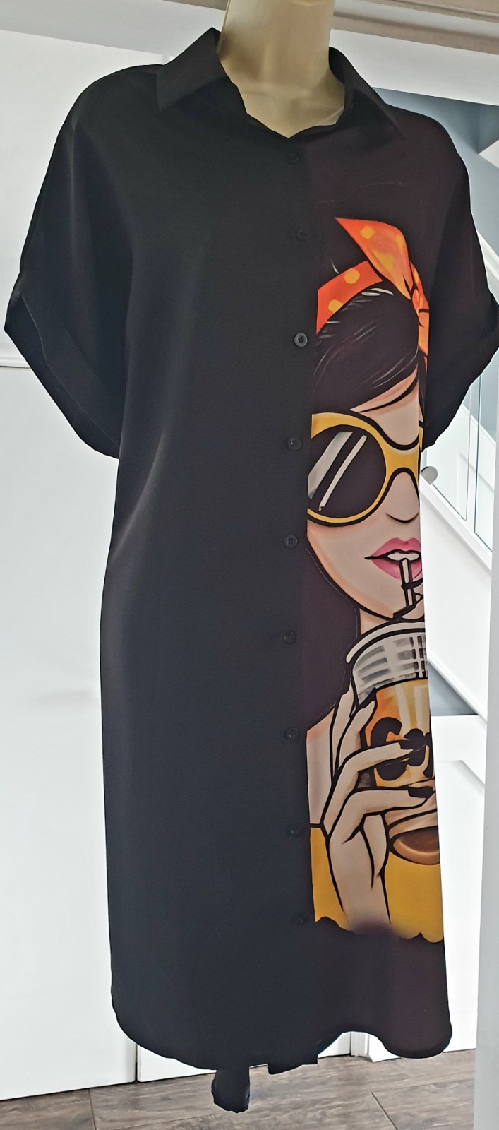 Cute Girl Portrait Print Oversized Dipped Hem Kaftan Cover-up Shirt Dress