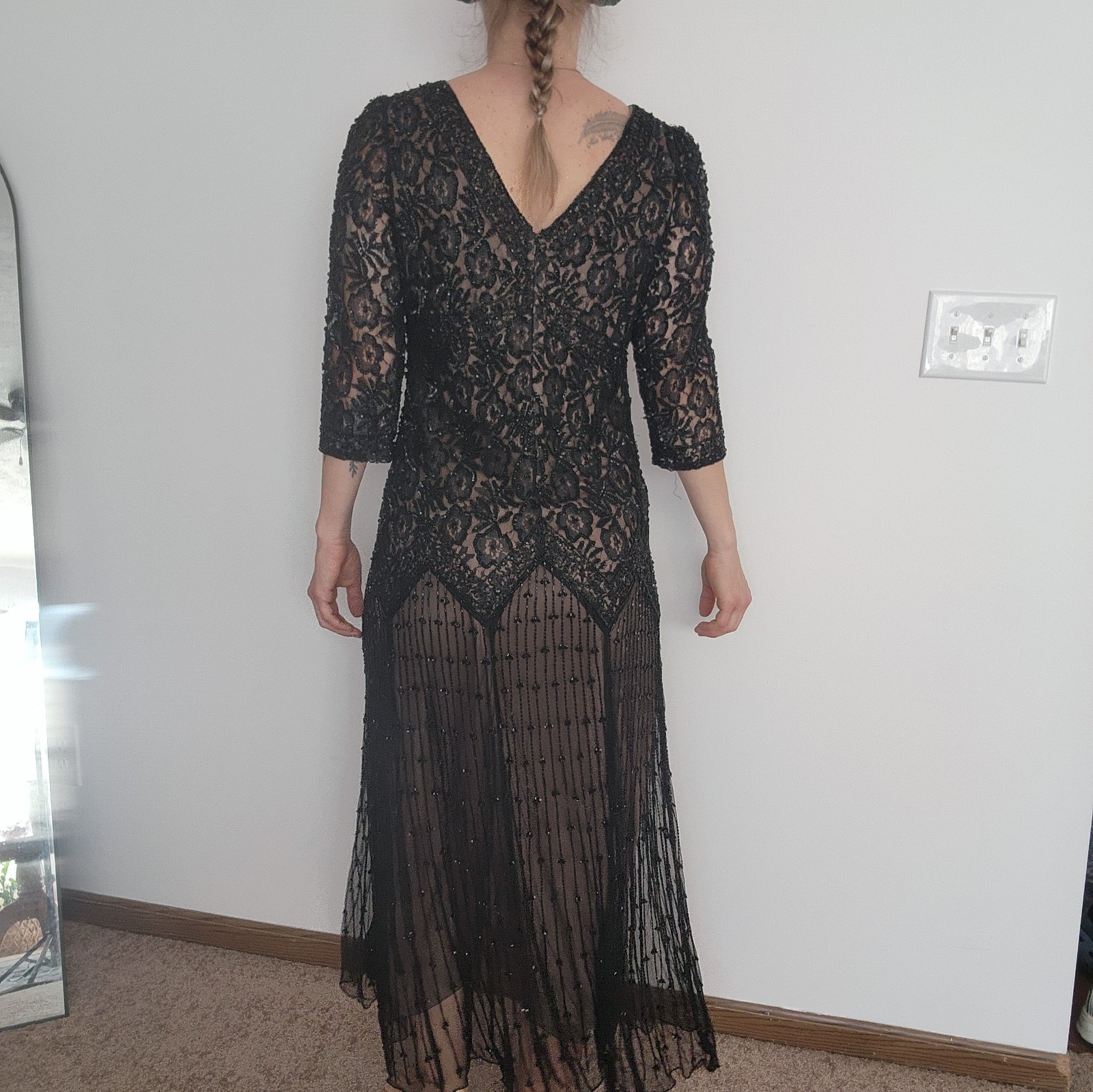 Pisarro Nights Black Floral Beaded Drop Waist Midi Dress Size 12