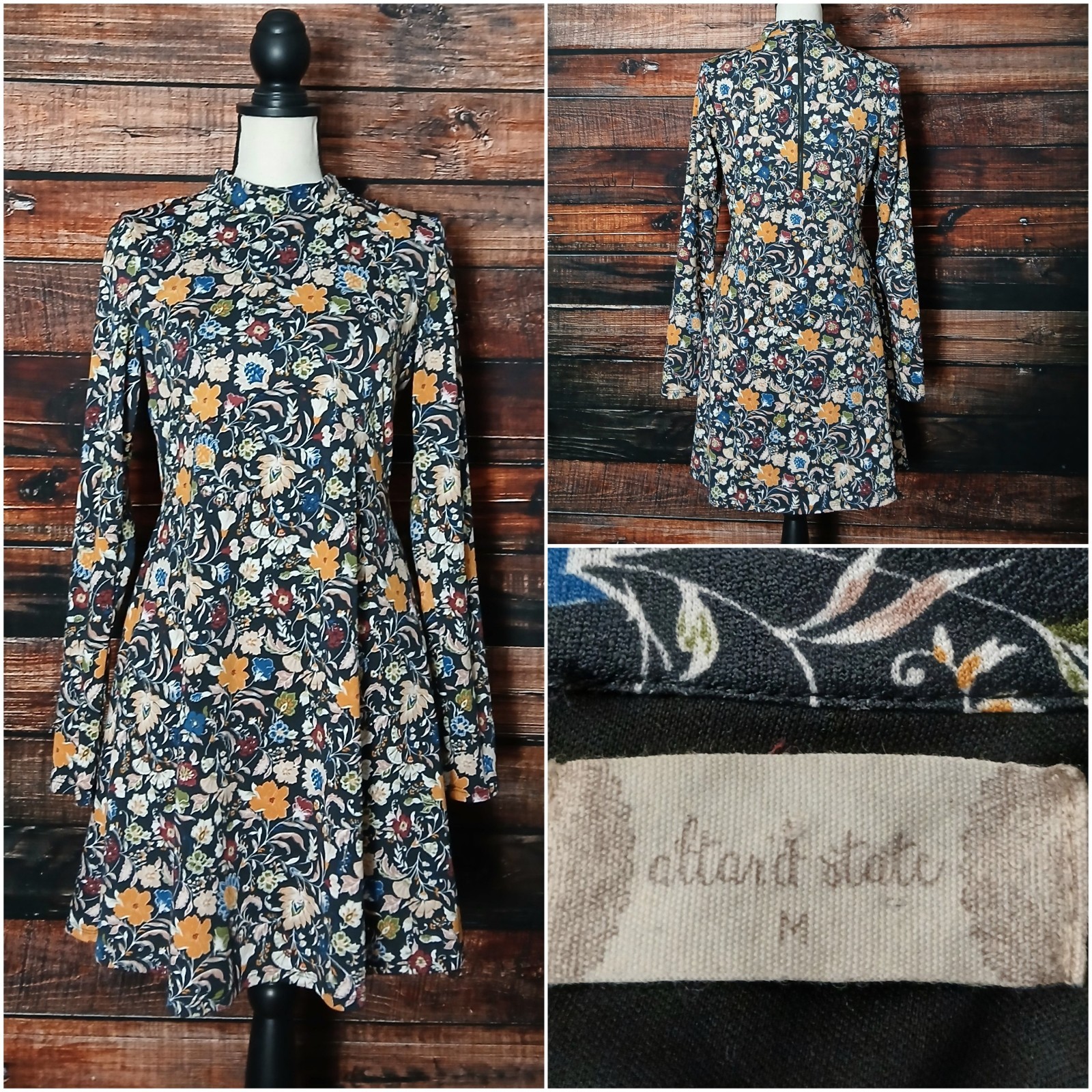 Altar’d State Dress M Retro Floral Mock Neck Long Sleeve Zip