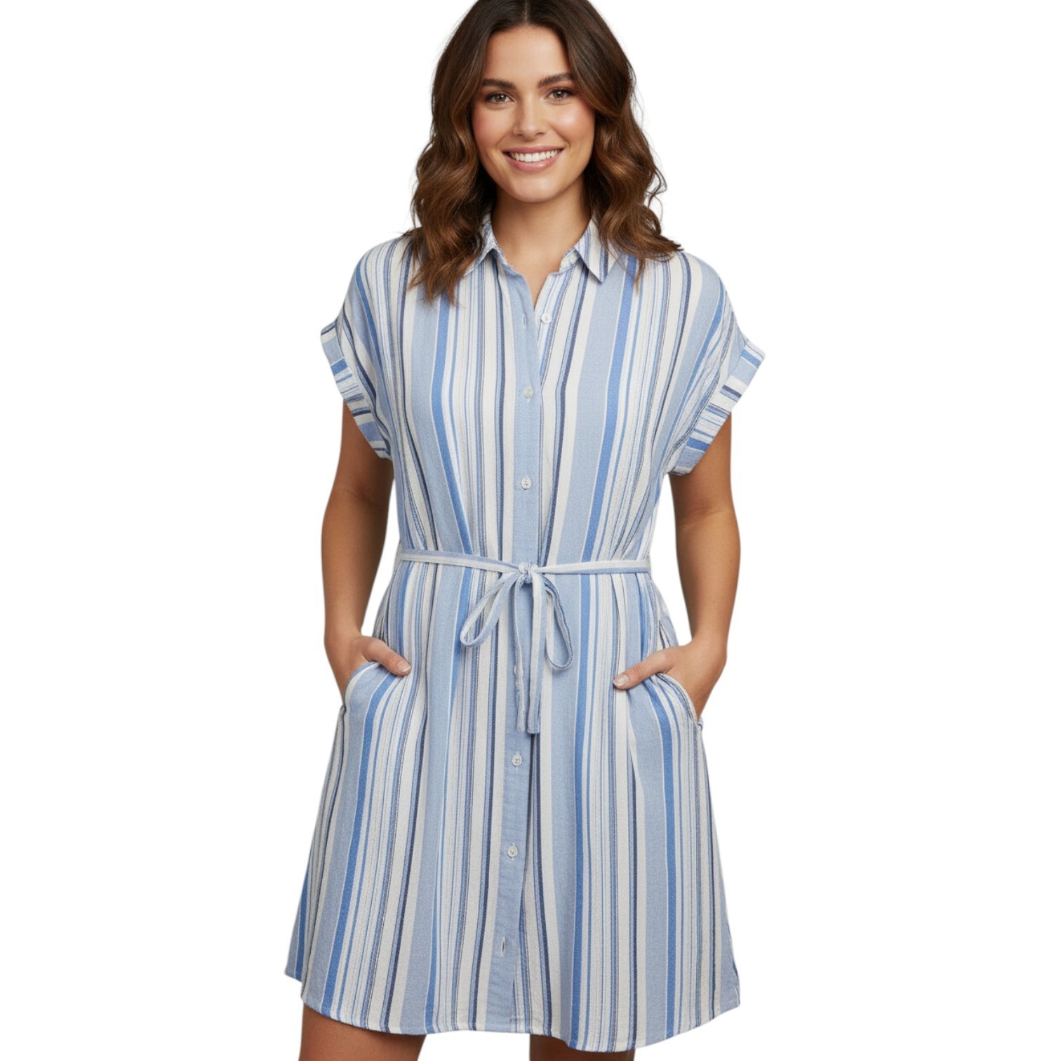 New Directions Shirt Dress Women Medium Blue Stripe Chambray Button Front Pocket