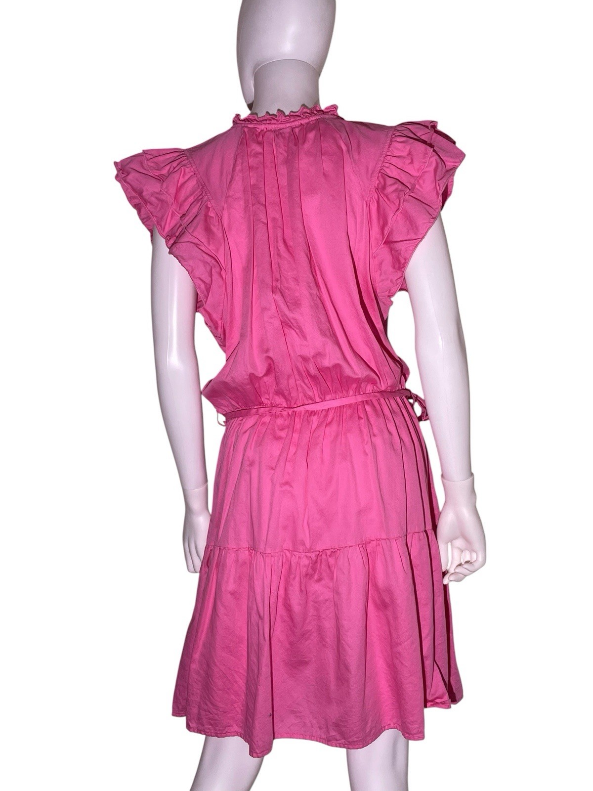 Stark X Austin Cotton Dress Flutter Sleeve Ruffle Collar Split VNeck Tie Waist