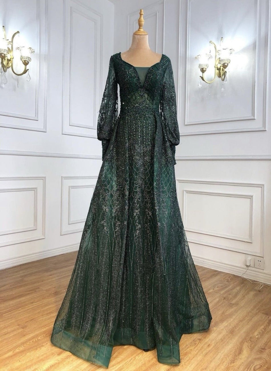 Elegant Long Sleeve Green EveningGown